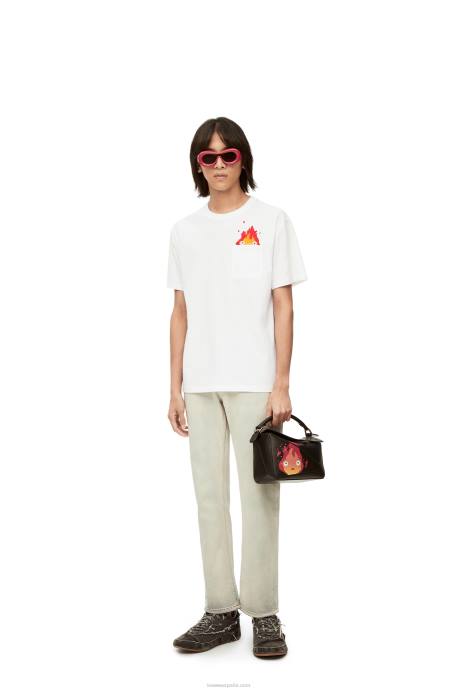 Loewe hombres camiseta con bolsillo calcifer de algodón LP64828 blanco