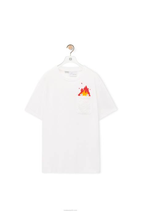 Loewe hombres camiseta con bolsillo calcifer de algodón LP64828 blanco