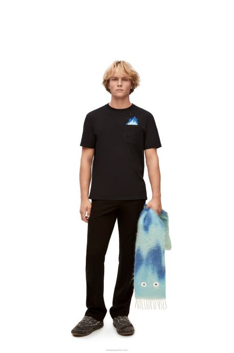 Loewe hombres camiseta con bolsillo calcifer de algodón LP64829 negro