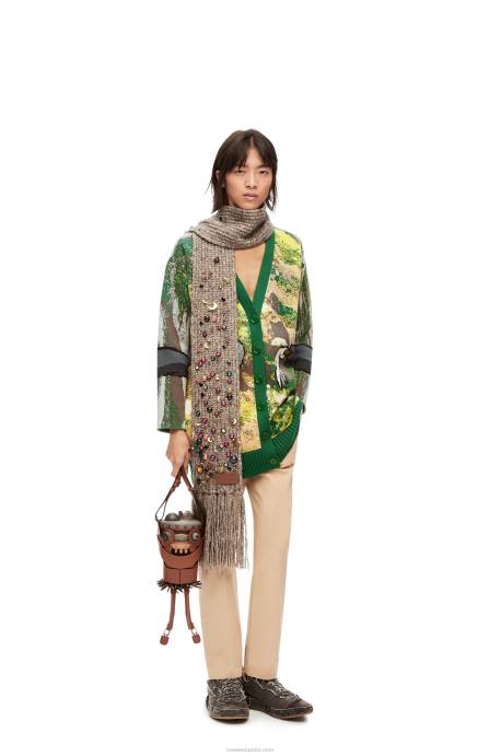 Loewe hombres cárdigan con cabeza de nabo en lana LP641029 verde/multicolor