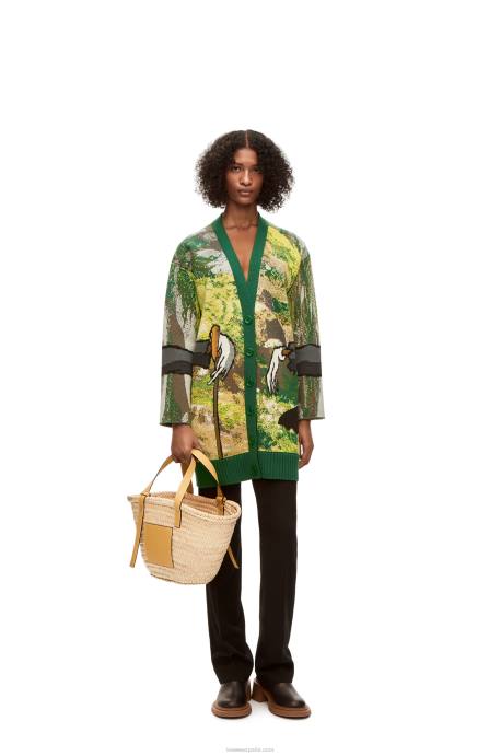 Loewe hombres cárdigan con cabeza de nabo en lana LP641029 verde/multicolor