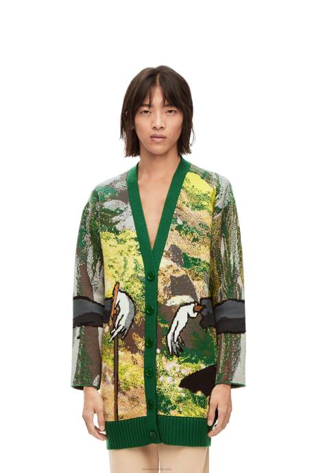 Loewe hombres cárdigan con cabeza de nabo en lana LP641029 verde/multicolor