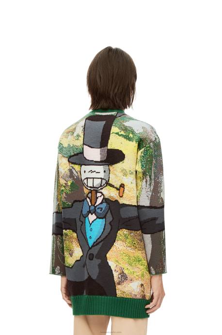 Loewe hombres cárdigan con cabeza de nabo en lana LP641029 verde/multicolor