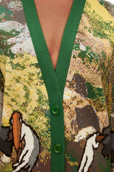 Loewe hombres cárdigan con cabeza de nabo en lana LP641029 verde/multicolor