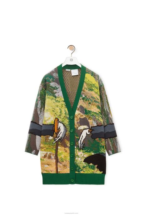 Loewe hombres cárdigan con cabeza de nabo en lana LP641029 verde/multicolor