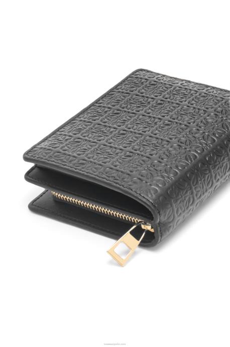 Loewe mujer cartera con cremallera repeat compact de piel de becerro de seda grabada LP641275 negro