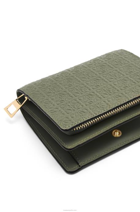 Loewe mujer cartera con cremallera repeat compact de piel de becerro de seda grabada LP641278 aguacate verde