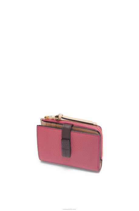 Loewe mujer cartera plegable fina con cremallera de piel de becerro granulada suave LP641242 ciruela/chocolate