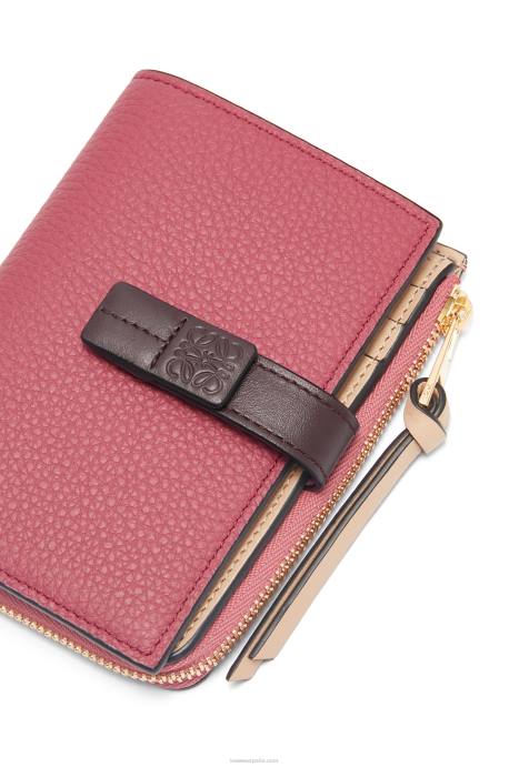 Loewe mujer cartera plegable fina con cremallera de piel de becerro granulada suave LP641242 ciruela/chocolate