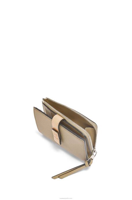 Loewe mujer cartera plegable fina con cremallera de piel de becerro granulada suave LP641289 verde alcachofa/beige empolvado