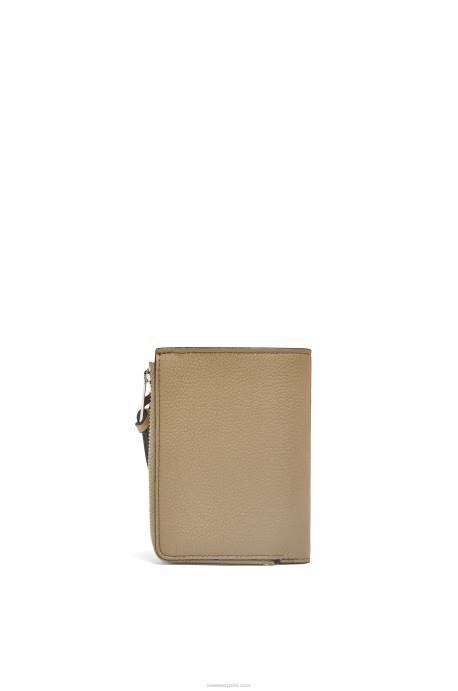 Loewe mujer cartera plegable fina con cremallera de piel de becerro granulada suave LP641289 verde alcachofa/beige empolvado
