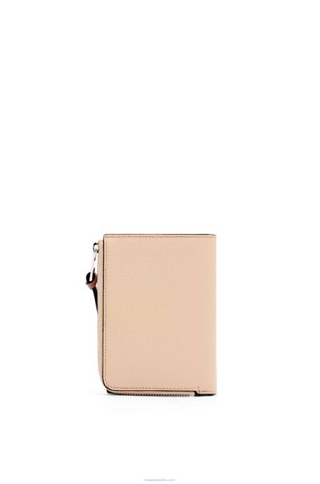 Loewe mujer cartera plegable fina con cremallera de piel de becerro granulada suave LP641298 desnudo/citronela