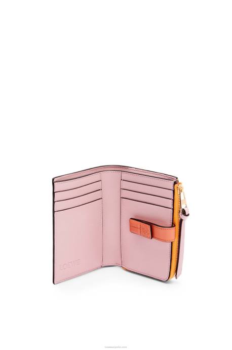 Loewe mujer cartera plegable fina con cremallera de piel de becerro granulada suave LP641299 mandarina/arrecife de coral