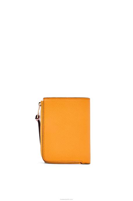 Loewe mujer cartera plegable fina con cremallera de piel de becerro granulada suave LP641299 mandarina/arrecife de coral