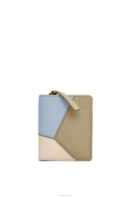 Loewe mujer cartera puzzle compacta con cremallera en piel de becerro clásica LP641213 azul polvoriento/verde salvia