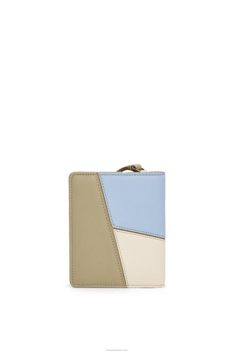 Loewe mujer cartera puzzle compacta con cremallera en piel de becerro clásica LP641213 azul polvoriento/verde salvia