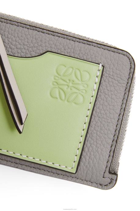 Loewe mujer tarjetero con monedas de piel de becerro granulada suave LP641336 gris perla/verde pálido claro