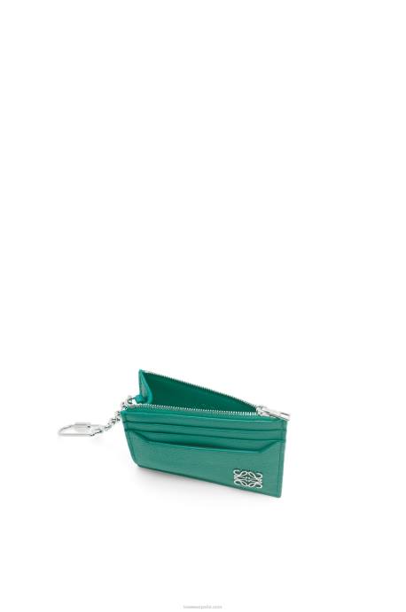Loewe mujer tarjetero cuadrado con anagrama de piel de becerro granulada con cadena LP641412 verde esmeralda