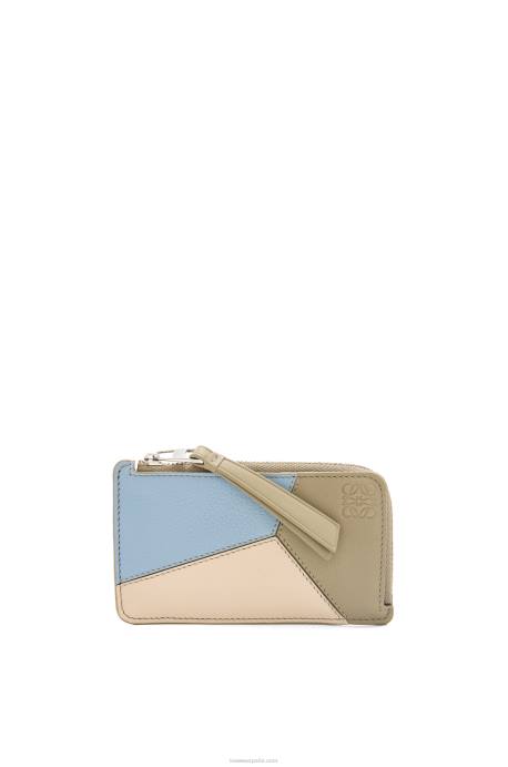 Loewe mujer tarjetero puzzle coin de piel de becerro clásica LP641325 azul polvoriento/verde salvia