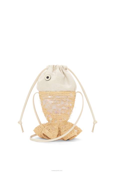 Loewe mujer bolsa de pescado en lona y rafia LP64221 natural/marfil