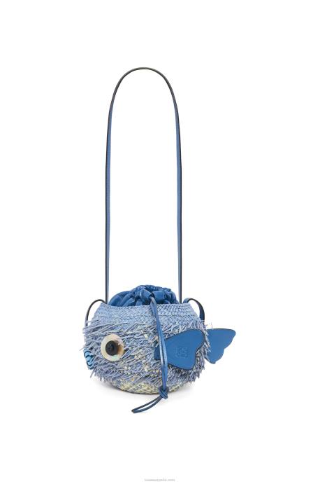 Loewe mujer bolsito pez globo en palma de iraca y piel de becerro LP64222 azul mezclilla