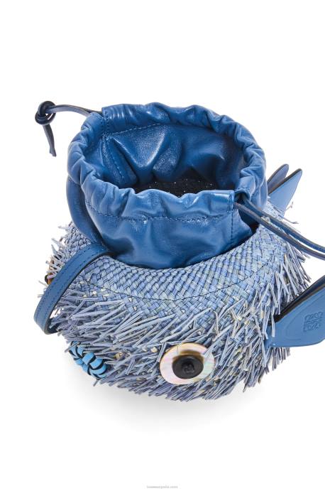 Loewe mujer bolsito pez globo en palma de iraca y piel de becerro LP64222 azul mezclilla