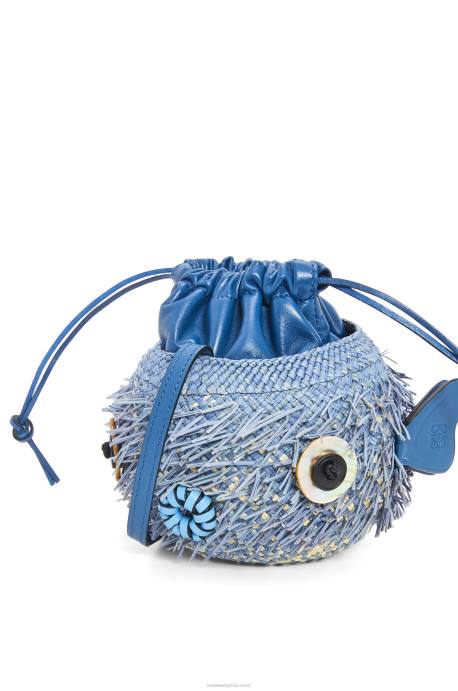 Loewe mujer bolsito pez globo en palma de iraca y piel de becerro LP64222 azul mezclilla