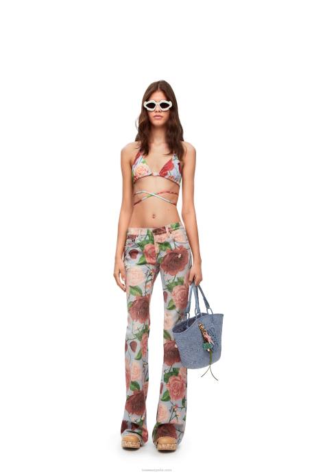 Loewe mujer Bolso basket anagram en palma de iraca y piel de becerro LP641 azul mezclilla