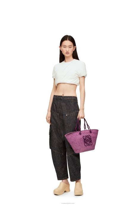 Loewe mujer Bolso basket anagram en palma de iraca y piel de becerro LP6483 púrpura