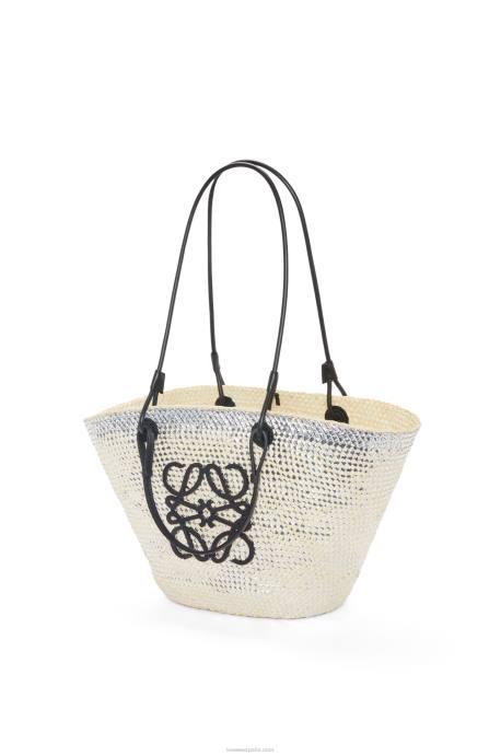 Loewe mujer Bolso basket brillante anagram en palma de iraca y piel de becerro LP6442 natural/plata