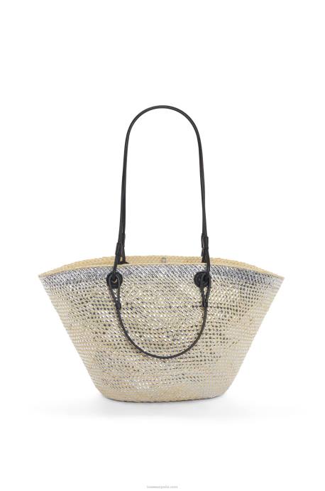 Loewe mujer Bolso basket brillante anagram en palma de iraca y piel de becerro LP6442 natural/plata