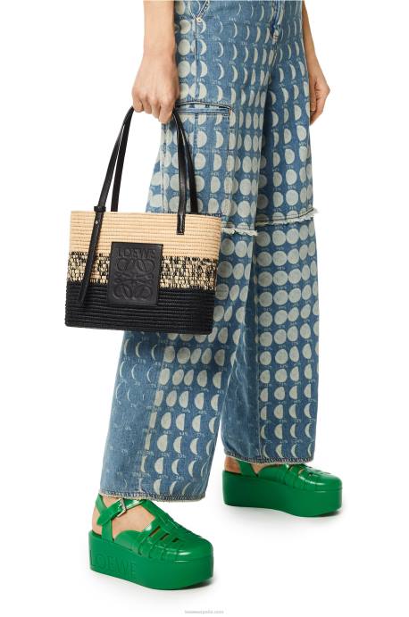 Loewe mujer Bolso cesta cuadrado de rafia degradada y piel de becerro LP6499 natural/negro
