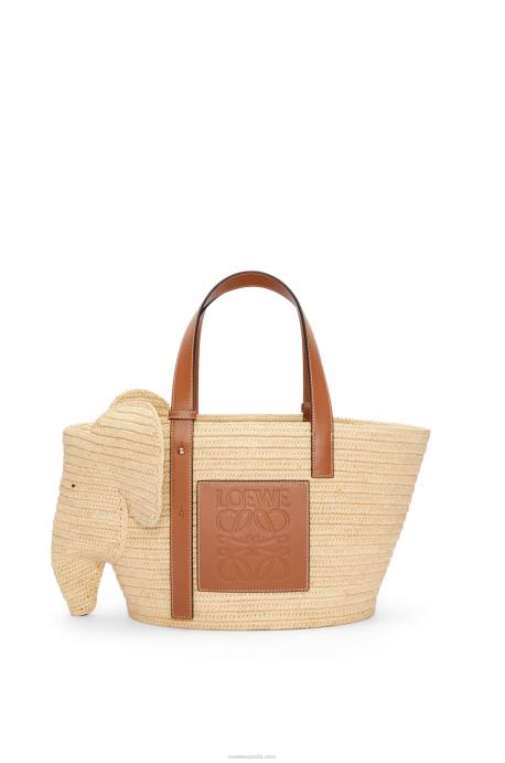 Loewe mujer Bolso cesta elefante en rafia y piel bovina LP6480 Bronceado natural