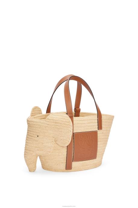 Loewe mujer Bolso cesta elefante en rafia y piel bovina LP6480 Bronceado natural