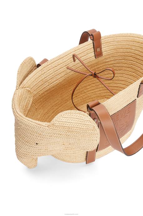 Loewe mujer Bolso cesta elefante en rafia y piel bovina LP6480 Bronceado natural