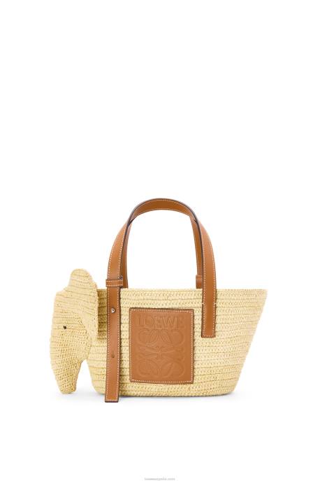 Loewe mujer Bolso cesta elefante pequeño de rafia y piel de becerro LP6479 Bronceado natural