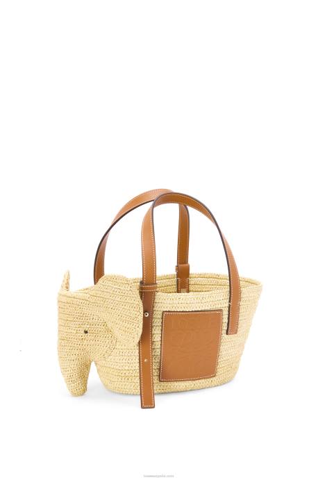 Loewe mujer Bolso cesta elefante pequeño de rafia y piel de becerro LP6479 Bronceado natural