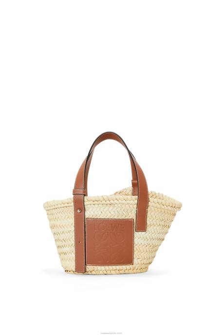 Loewe mujer Bolso cesta pequeño en hoja de palma y piel de becerro LP6420 Bronceado natural