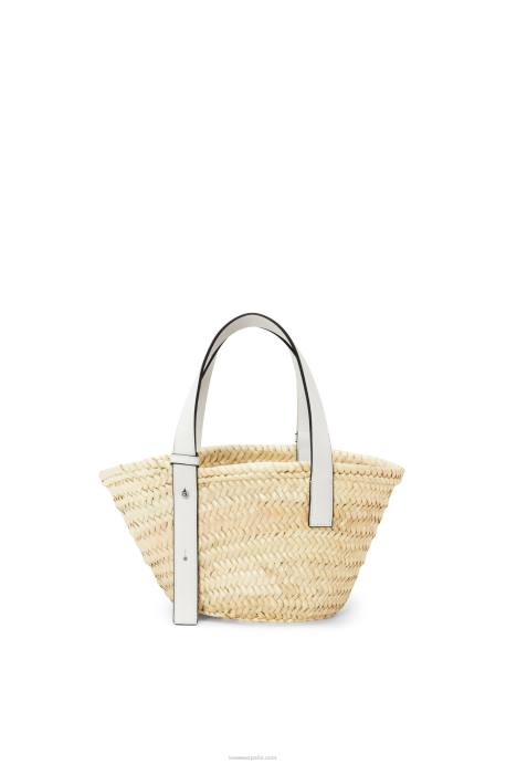 Loewe mujer Bolso cesta pequeño en hoja de palma y piel de becerro LP6448 blanco natural