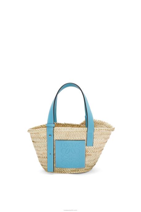 Loewe mujer Bolso cesta pequeño en hoja de palma y piel de becerro LP6457 azul claro