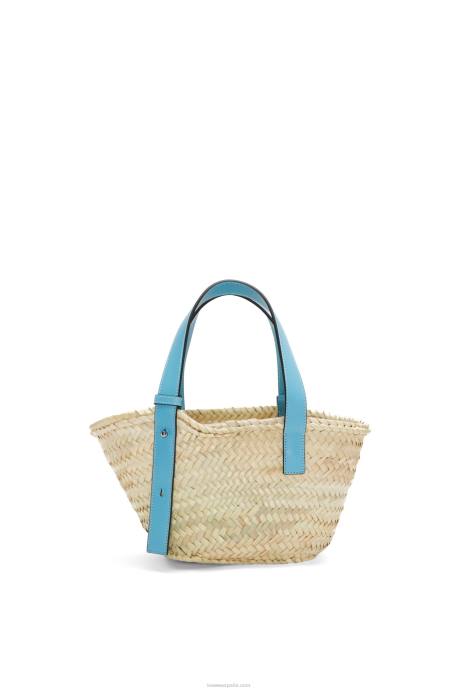 Loewe mujer Bolso cesta pequeño en hoja de palma y piel de becerro LP6457 azul claro