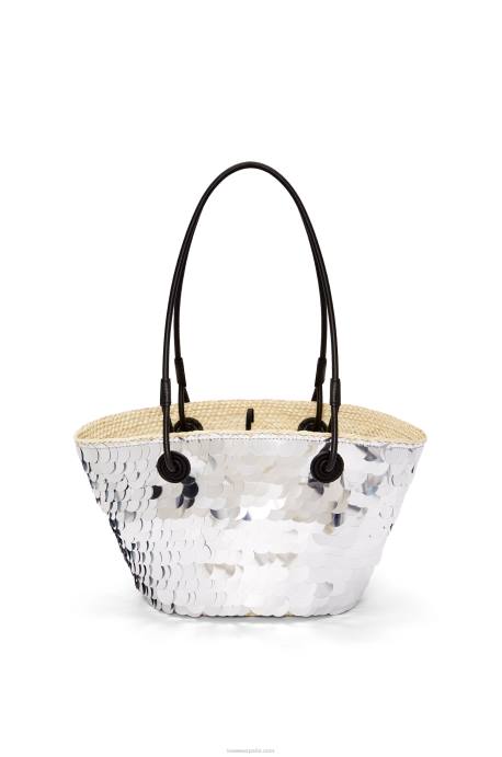 Loewe mujer Canasta pequeña con anagrama en palma de iraca con lentejuelas y piel de becerro LP64109 plata