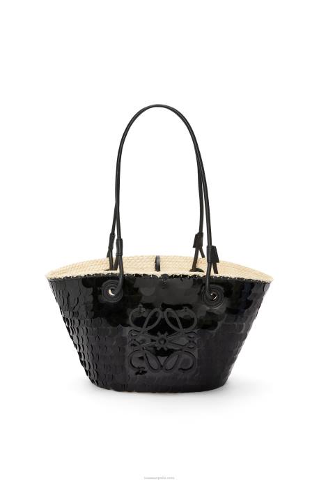 Loewe mujer Canasta pequeña con anagrama en palma de iraca con lentejuelas y piel de becerro LP6471 negro
