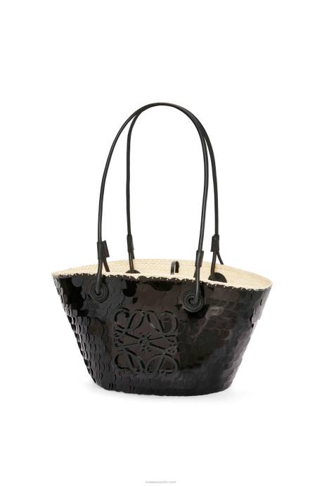 Loewe mujer Canasta pequeña con anagrama en palma de iraca con lentejuelas y piel de becerro LP6471 negro