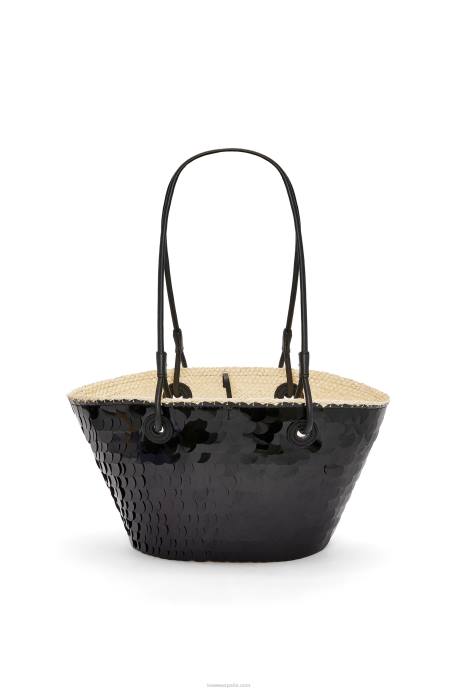 Loewe mujer Canasta pequeña con anagrama en palma de iraca con lentejuelas y piel de becerro LP6471 negro
