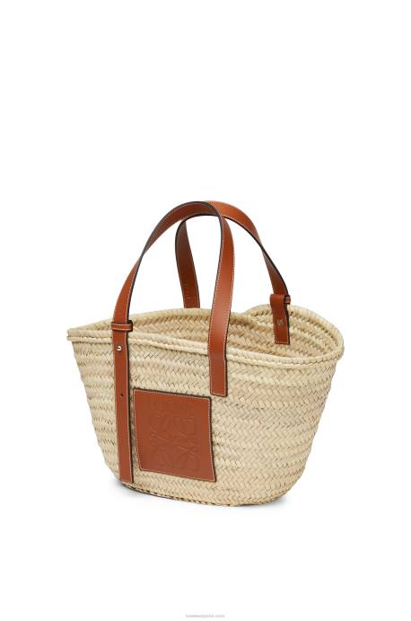 Loewe mujer bolso basket en hoja de palma y piel de becerro LP6421 Bronceado natural