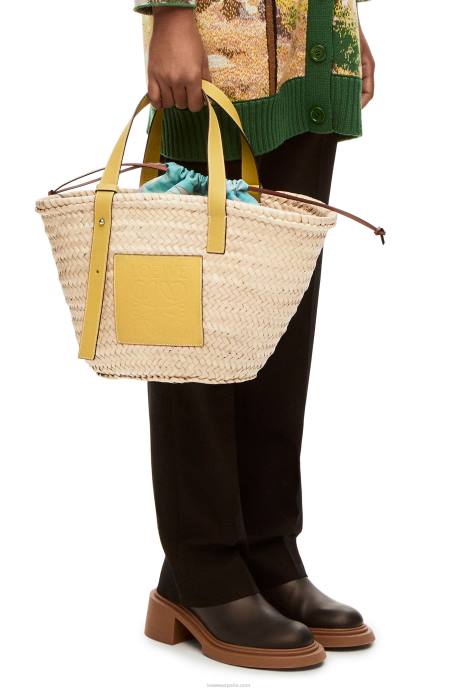 Loewe mujer bolso basket en hoja de palma y piel de becerro LP6451 amarillo oscuro