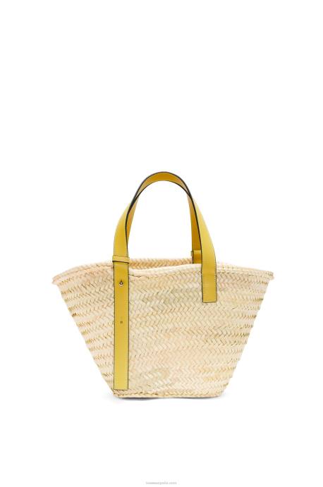 Loewe mujer bolso basket en hoja de palma y piel de becerro LP6451 amarillo oscuro