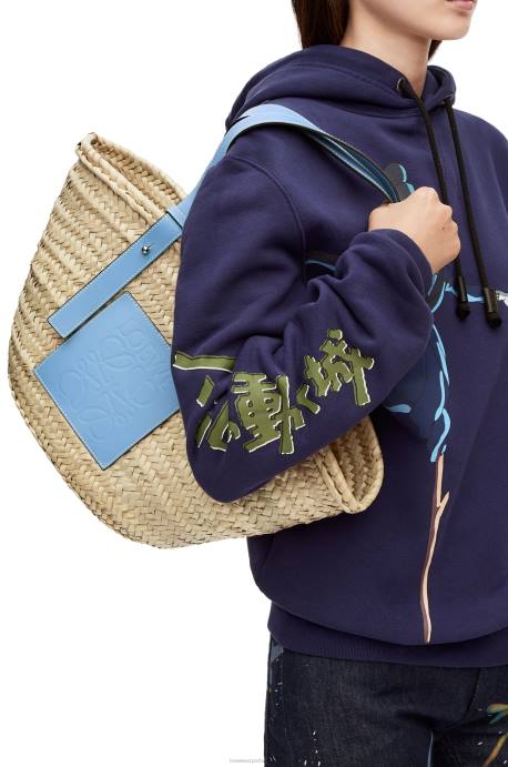 Loewe mujer bolso basket en hoja de palma y piel de becerro LP6458 azul claro