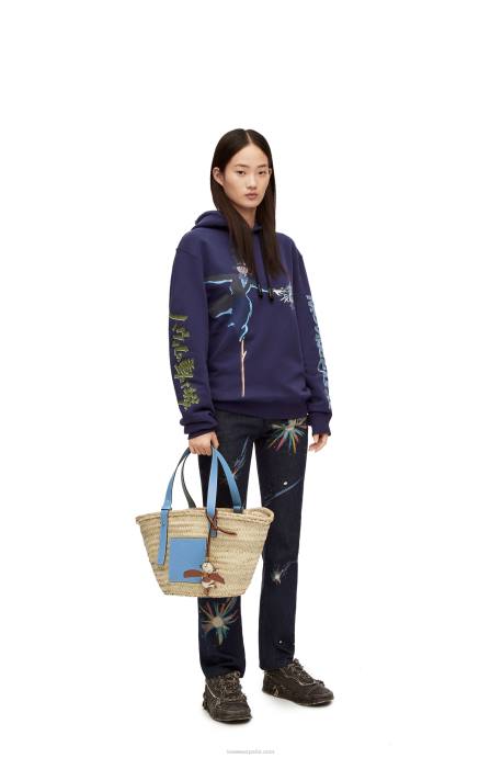Loewe mujer bolso basket en hoja de palma y piel de becerro LP6458 azul claro
